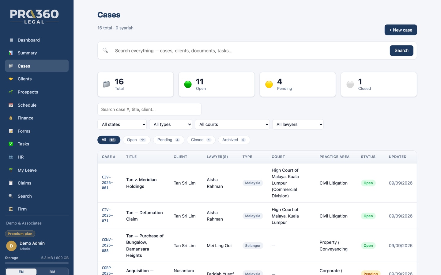 PRO360 Legal matters list — case number, client, lawyer, court and status