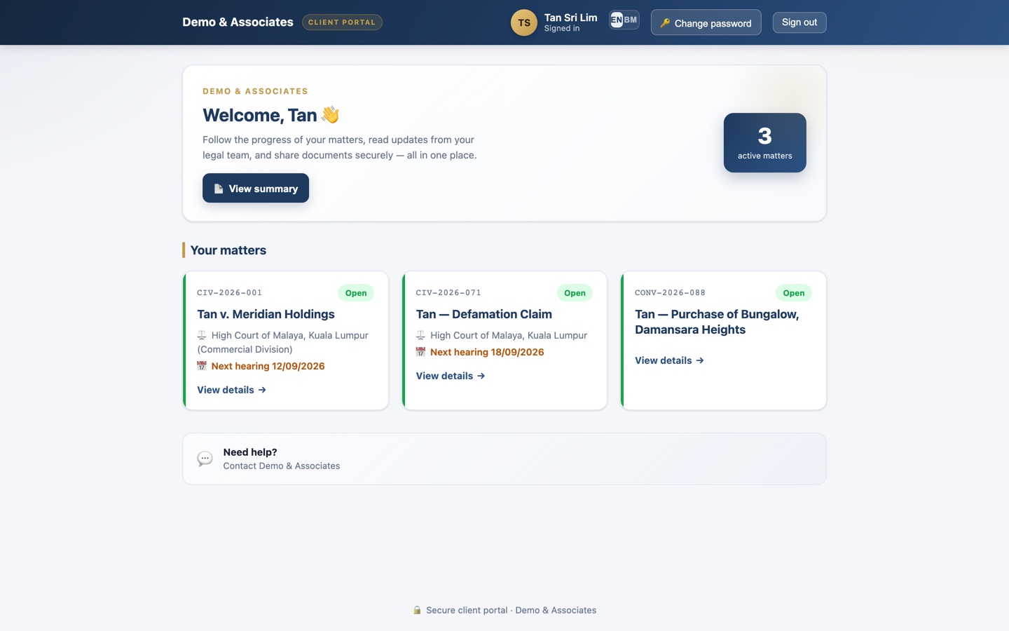 PRO360 Legal client portal — a client tracks their matters, hearings and documents