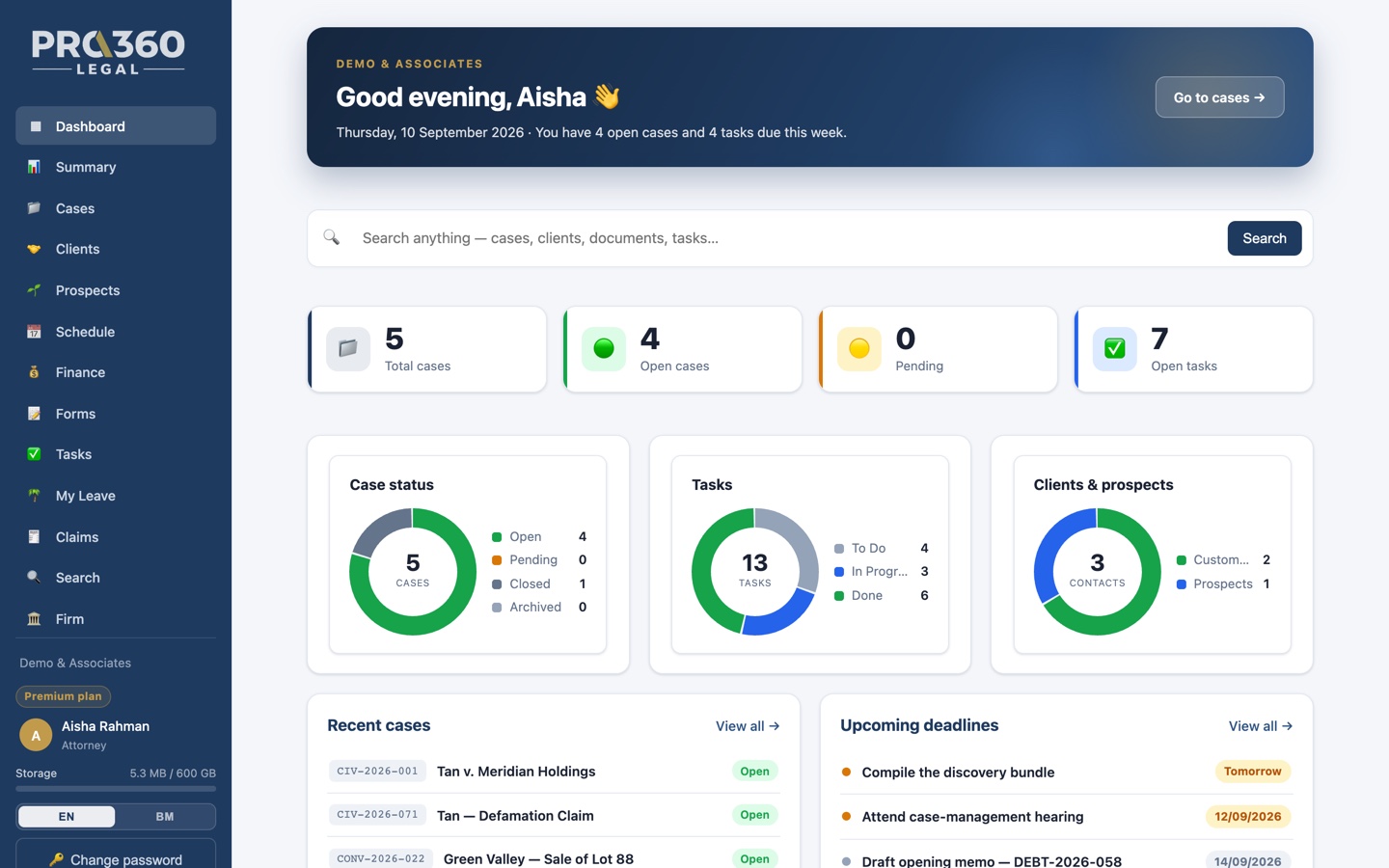 PRO360 Legal lawyer portal — an attorney's own cases, tasks and deadlines