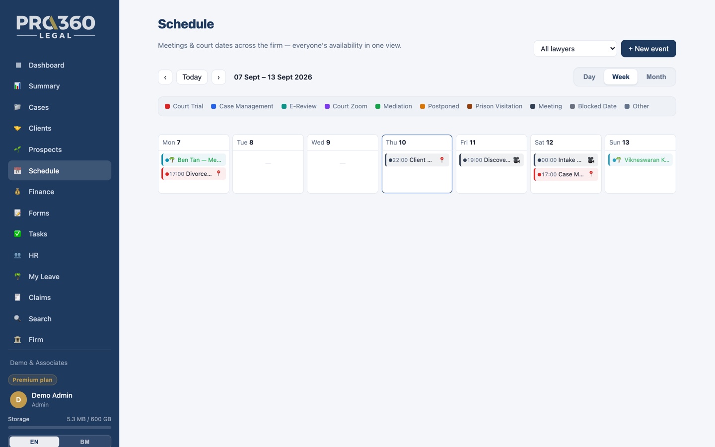 PRO360 Legal schedule — firm-wide hearings, meetings and court dates