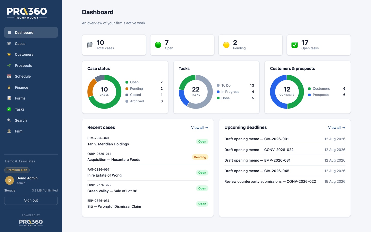 PRO360 Legal firm dashboard — cases, tasks, deadlines and contacts