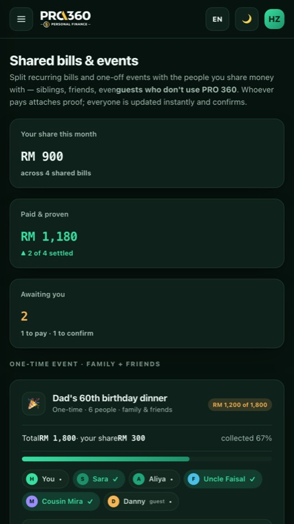 Pro360 Finance shared bills — split expenses and settle up