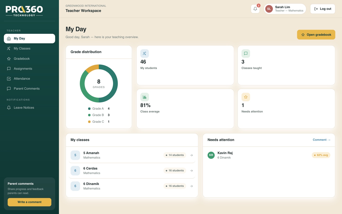 PRO360 SIS teacher portal — gradebook, attendance, classes and parent comments